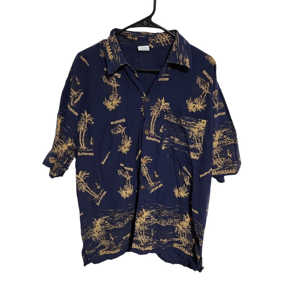 Coj Apparels Hawaiian Shirt Mens Size 1X Bahamas Palm Trees Blue Short Sleeve